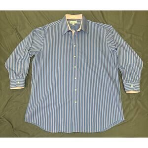 Paul Fredrick Mens Dress Shirt 17.5 33 Blue Pink Striped Two-Ply Cotton